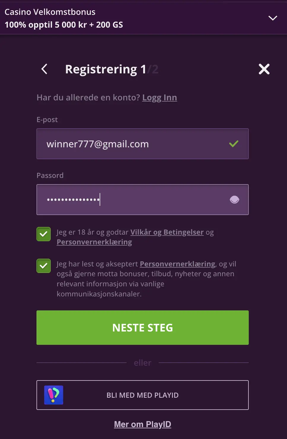 Malina kasino-registrering